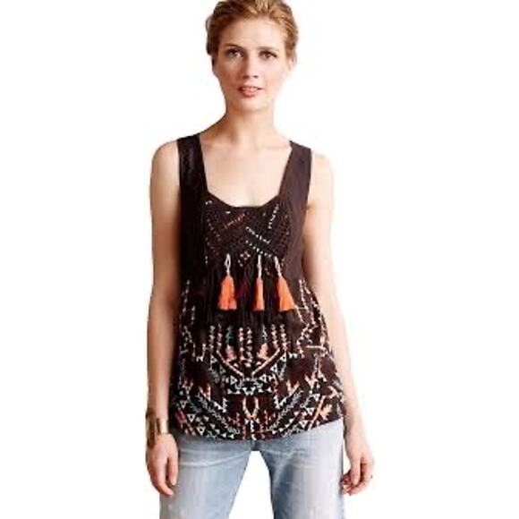 Akemi + Kin Anthropologie Rigmarole‎ Shirt Womens Small Brown Boho Embroidered - Picture 1 of 8